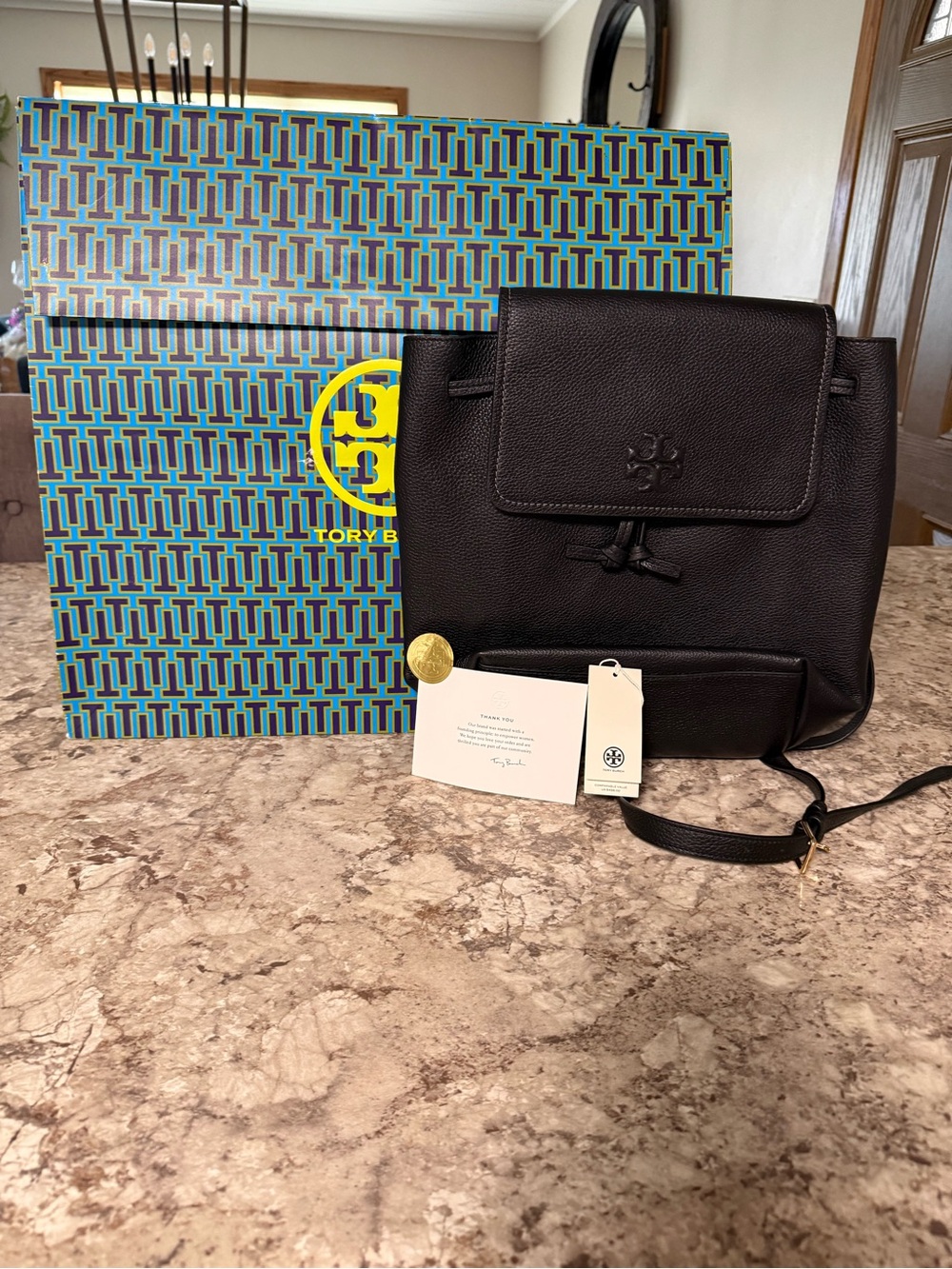 New Tory Burch Thea large leather black backpack